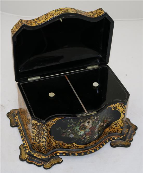 A Victorian papier mache tea caddy, 10in.